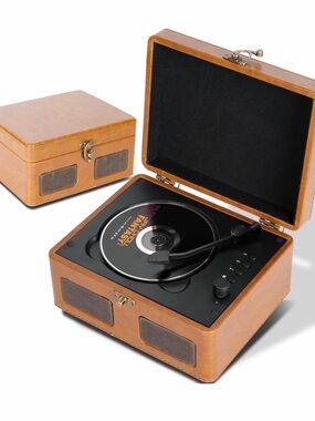 Vintage-Style Portable CD Turntable Player in Brown - Portable Audio & Video
